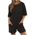thumbnail image 1 of Henpk Jumpsuits For Women Plus Size Solid Oversized Athletic Tee Romper Back V Neck Half Short Sleeve Wearing Both Front And Back Workout Rompers Casual Shorts Jumpsuit With Pockets Black L, 1 of 9