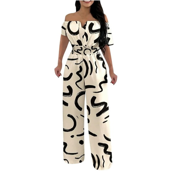 Henpk Jumpsuits For Women Dressy Plus Size Clearance Summer Womens Jumpsuits And Rompers Fashion Women Summer Casual Sexy Sleeveless Printing Wide Leg Pants Jumpsuits Beige XL
