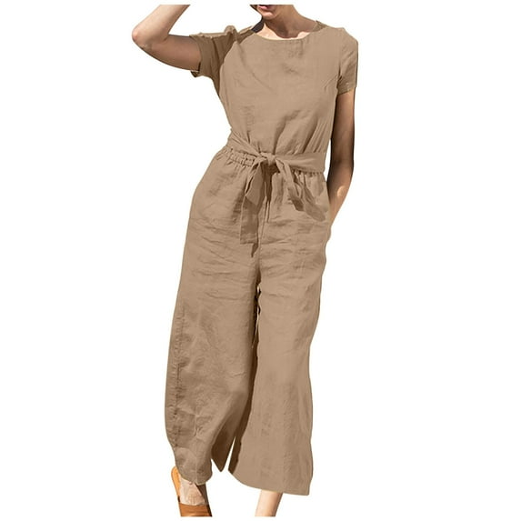 Henpk Jumpsuits For Women Dressy Plus Size Clearance Summer Womens Jumpsuits And Rompers Jumpsuits For Women Short Sleeve Pocket Solid Color Loose Straight Pants Fashion Romper Pants W Dark brown XXL