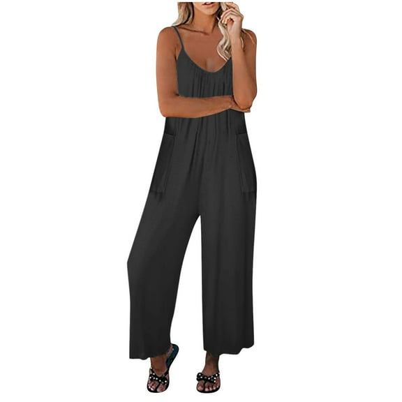 Henpk Jumpsuits For Women Dressy Plus Size Clearance Summer Womens Jumpsuits And Rompers Women Fashion Solid Color Pockets Loose Long Pants Casual Summer Jumpsuit Black L