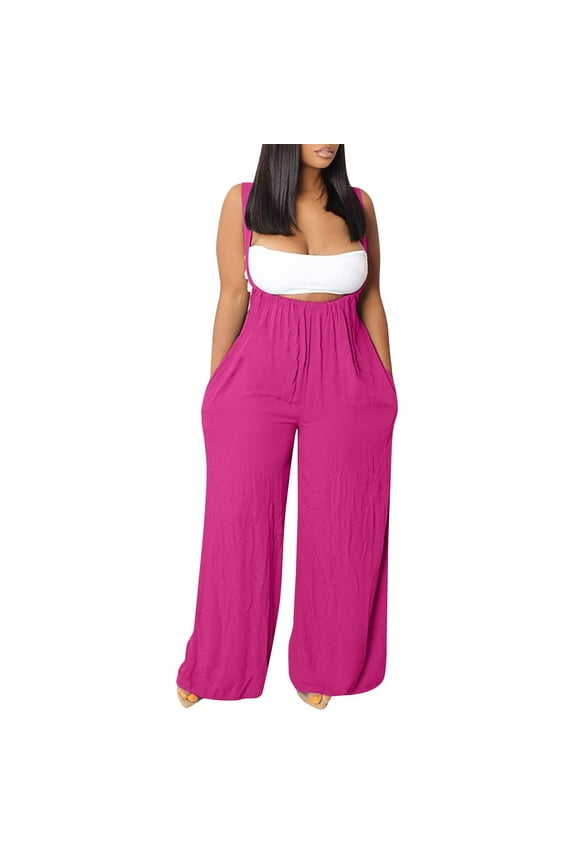 Jumpsuits For Women Dressy Plus Size Clearance Summer Womens Jumpsuits And Rompers Women'S Casual Sleeveless Loose Straps Solid High Waist Wide Leg Jumpsuit Rompers With Pocket Coral XXL