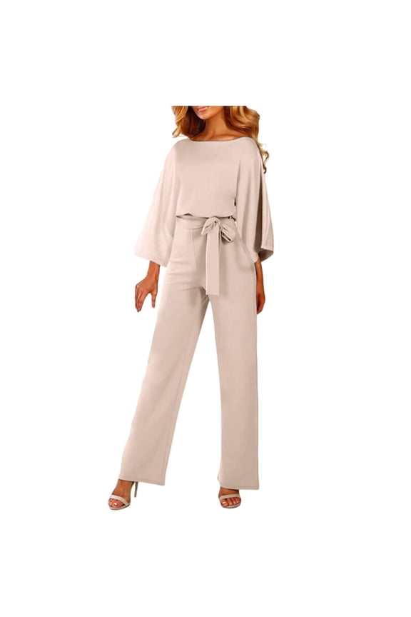 Jumpsuits For Women Dressy Plus Size Clearance Summer Womens Jumpsuits And Rompers Women'S Fall/Winter Solid Color Seven-Point Sleeved Crew Neck Jumpsuit With Belt Lace-Up Slimming Ju Beige XXL