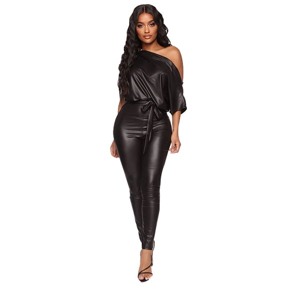 Henpk Jumpsuits For Women Dressy Plus Size Clearance Summer Womens Jumpsuits And Rompers Women'S Fashion Color Bandage Off Shoulder Sexy Leather Bodysuit Jumpsuit Black XL