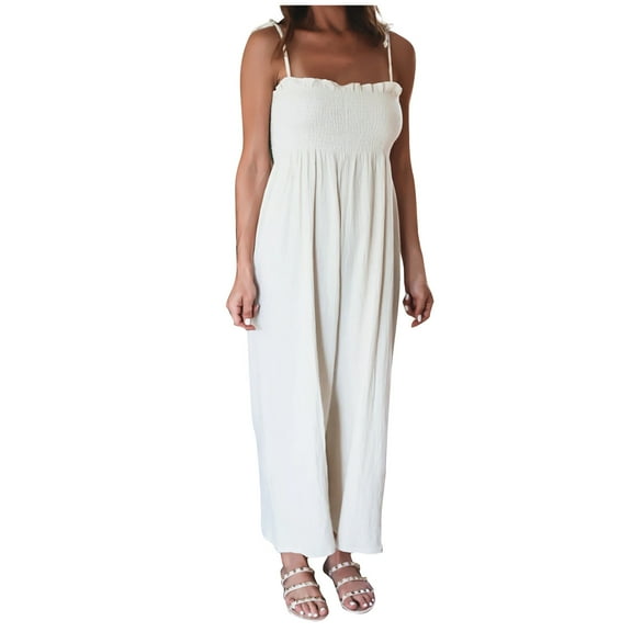Henpk Jumpsuits For Women Dressy Plus Size Clearance Summer Womens Jumpsuits And Rompers Women'S High Waist Casual Solid Color Suspender Sleeveless Pleated Jumpsuit White XL