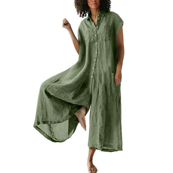 Henpk Jumpsuits For Women Dressy Plus Size Clearance Summer Womens Jumpsuits And Rompers Women'S Solid Color Casual Short Sleeved Medium Length Cotton Linen Shirt Jumpsuit Green XXL