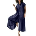 thumbnail image 1 of Henpk Jumpsuits For Women Dressy Plus Size Clearance Summer Womens Jumpsuits And Rompers Women'S Solid Color Casual Short Sleeved Medium Length Cotton Linen Shirt Jumpsuit Dark blue XXL, 1 of 5