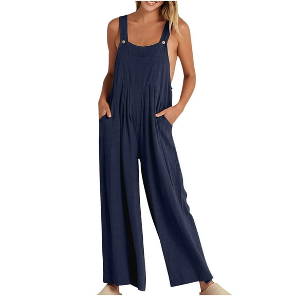 Henpk Jumpsuits For Women Dressy Plus Size Clearance Summer Womens Jumpsuits And Rompers Womens Fashion Summer Solid Casual Camis Pocket Sleeveless Suspender Jumpsuit Navy L