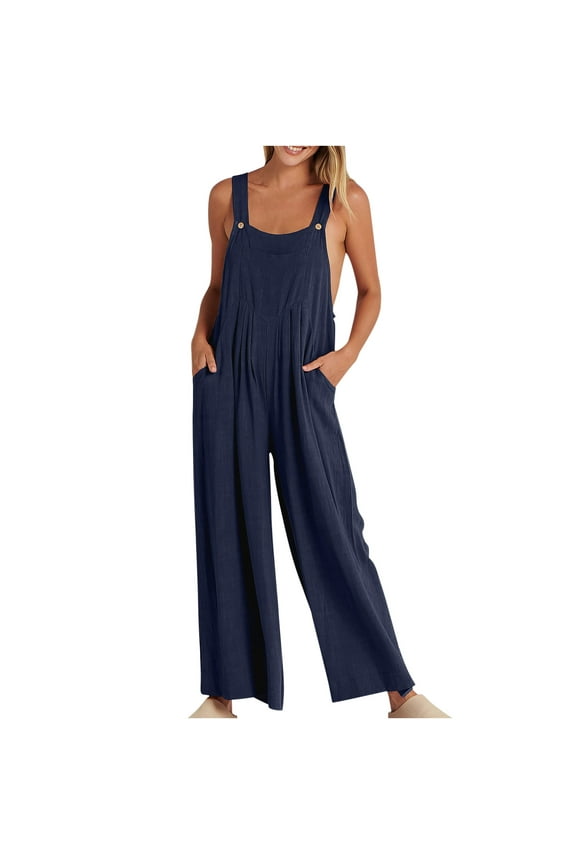 Jumpsuits For Women Dressy Plus Size Clearance Summer Womens Jumpsuits And Rompers Womens Fashion Summer Solid Casual Camis Pocket Sleeveless Suspender Jumpsuit Navy L