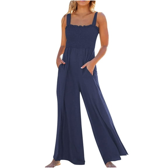 Henpk Jumpsuits For Women Dressy Plus Size Clearance Summer Womens Jumpsuits And Rompers Womens Fashion Summer Solid Pocket Casual Sleeveless Suspender Jumpsuit Blue XL