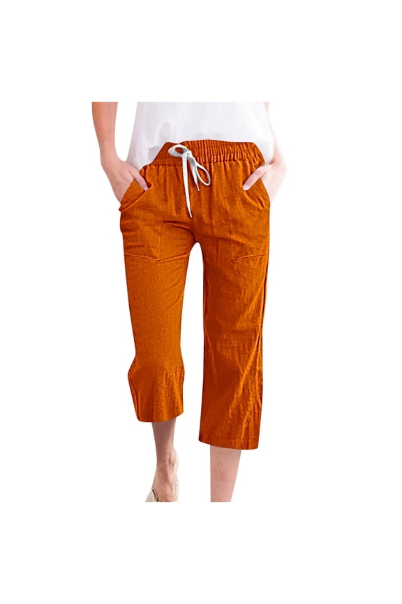 New Arrivals 2024 Now Trending 2024 Yoga Pants For Women Capri Leggings Plus Size Clearance Fragrant Hemp Solid Color Loose Fashion Drawstring Pants Seven Pants Pockets Orange Xxl