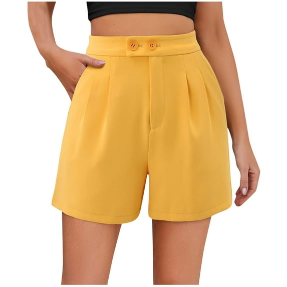 Henpk New Arrivals 2024 Now Trending 2024 Bermuda Shorts For Women Yoga Pants For Women Tummy Control Workout Shorts Summer Solid Color Sexy Casual Wide Leg Side Pocket Shorts Yellow L