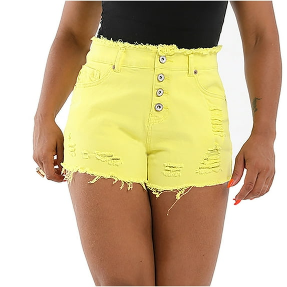 Henpk New Arrivals 2024 Now Trending 2024 Jeans For Women High Rise Leggings For Women Plus Size Clearance Casual Summer Jeans Shorts With Holes In Tassels And Solid Stretch Jeans Shorts Pan Yellow L
