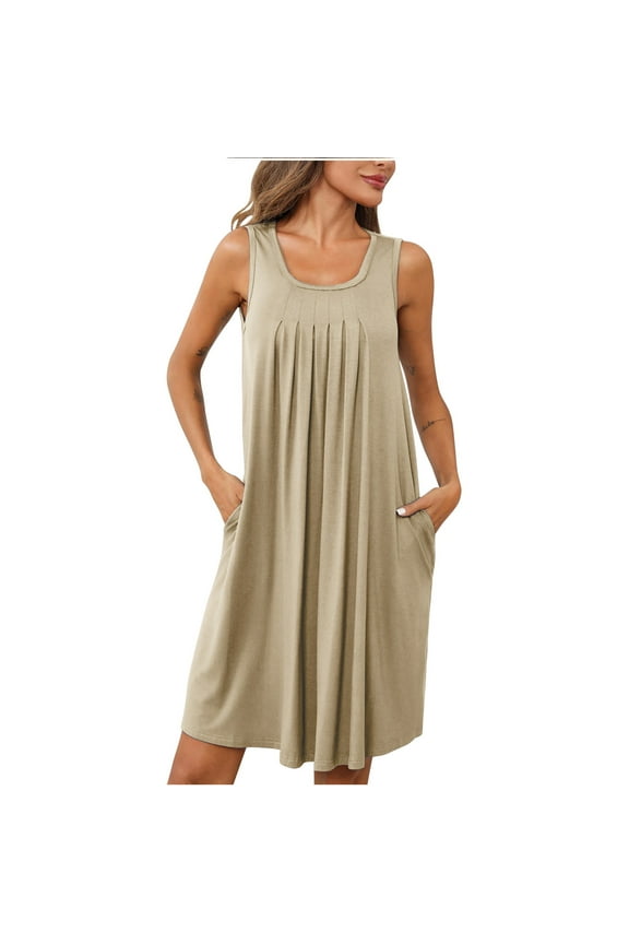 Summer Dresses For Women Plus Size Clearance Wedding Guest Sundresses Beach Maxi Casual Boho Solid Floral Nightgown With Pockets Sleep Shirts Sleeveless Sleepwear Pleated Front Nights Beige XXL