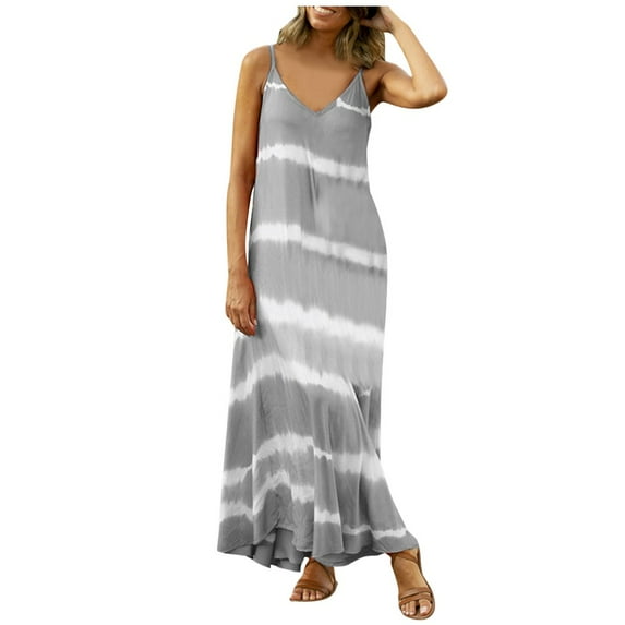 Henpk Summer Dresses for Women Striped T Shirt Dress Casual Midi Dress Short Sleeve Sundress with Pockets Casual Sleeveless Gradient Tie-Dye Striped V Neck Loose Maxi Dress(S-5Xl) Gray M
