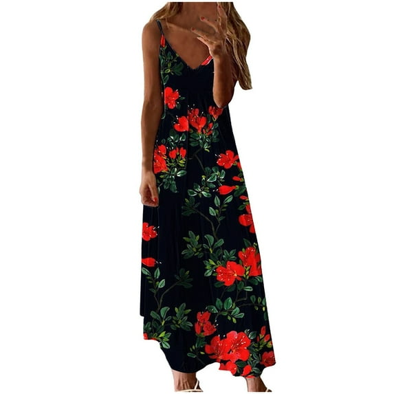 Henpk Summer Dresses for Women Striped T Shirt Dress Casual Midi Dress Short Sleeve Sundress with Pockets Casual V-Neck Sleeveless Bandage Stripe Printing Loose Vest Sling Long Dress Red L