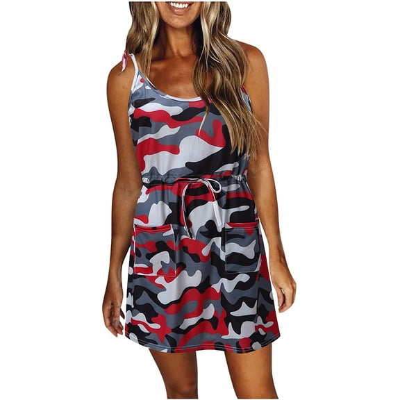 Henpk Summer Dresses for Women Striped T Shirt Dress Casual Midi Dress Short Sleeve Sundress with Pockets Casual V-Neck Sleeveless Bandage Stripe Printing Loose Vest Sling Dress Red XL