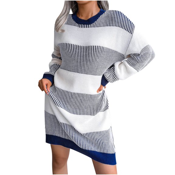 Henpk Summer Dresses for Women Striped T Shirt Dress Casual Midi Dress Short Sleeve Sundress with Pockets Fashion Casual Loose Stripe Splicing Sweater Knit Dress Blue L