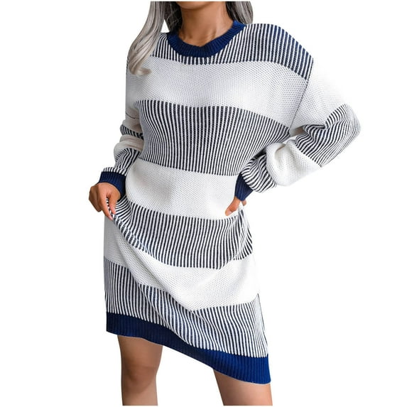 Henpk Summer Dresses for Women Striped T Shirt Dress Casual Midi Dress Short Sleeve Sundress with Pockets Fashion Casual Loose Stripe Splicing Sweater Knit Dress Blue L
