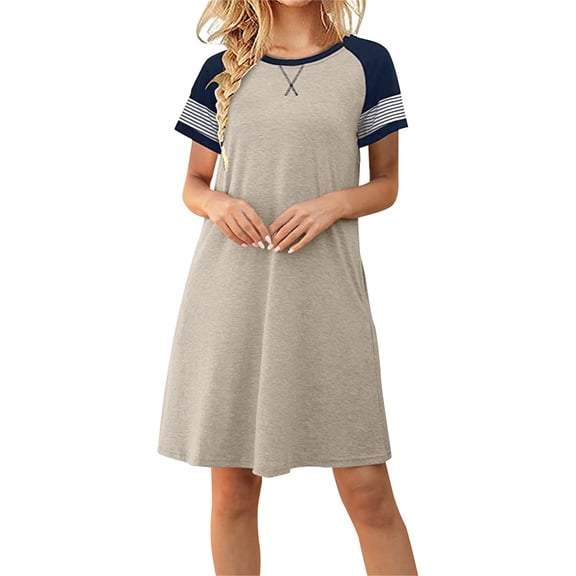 Henpk Summer Dresses for Women Striped T Shirt Dress Casual Midi Dress Short Sleeve Sundress with Pockets Fashion Casual Striped Printed Short Sleeve Solid Dress Beige XL
