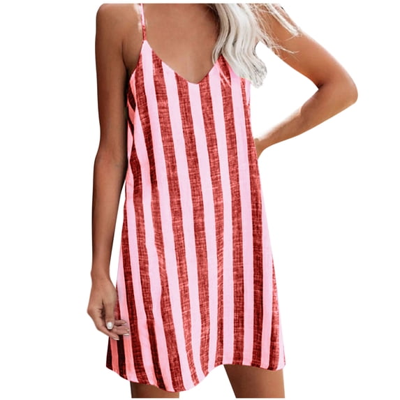 Henpk Summer Dresses for Women Striped T Shirt Dress Casual Midi Dress Short Sleeve Sundress with Pockets Fashion Casual Striped Sleeveless Round-Neck Ladies Cami Mini Dress Red L