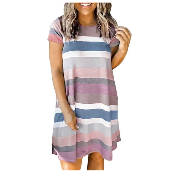 Henpk Summer Dresses for Women Striped T Shirt Dress Casual Midi Dress Short Sleeve Sundress with Pockets Fashion Casual Summer Pocket Sleeveless Lace Print V-Neck Dress Purple M