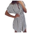 thumbnail image 1 of Henpk Summer Dresses for Women Striped T Shirt Dress Casual Midi Dress Short Sleeve Sundress with Pockets Fashion Drawstring Bandage Short Sleeve Stripe Print Lapel Shirt Dress Black XL, 1 of 9