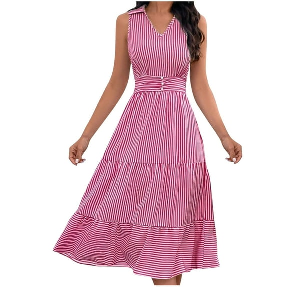 Henpk Summer Dresses for Women Striped T Shirt Dress Casual Midi Dress Short Sleeve Sundress with Pockets Fashion Fallow Lapel Sleeveless Button Streak Dresses Pink L