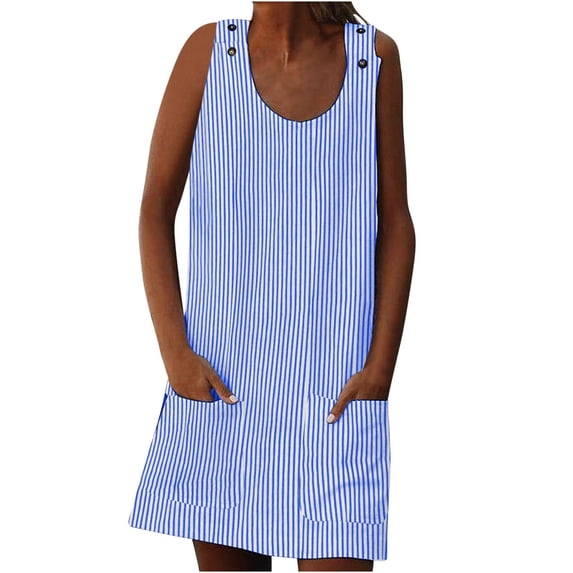 Henpk Summer Dresses for Women Striped T Shirt Dress Casual Midi Dress Short Sleeve Sundress with Pockets Fashion Holiday Summer U Neck Pockets Striped Daily Sundress Sleeveless Party Beach D Blue XL