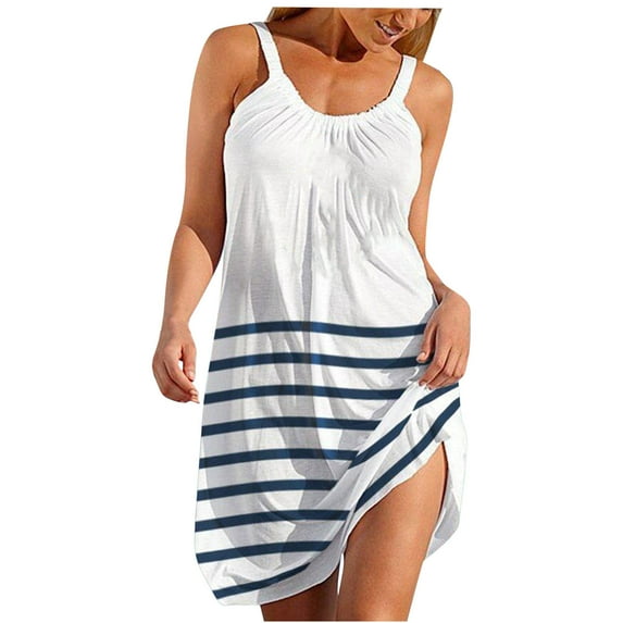 Henpk Summer Dresses for Women Striped T Shirt Dress Casual Midi Dress Short Sleeve Sundress with Pockets Fashion Sexy Sleeveless Striped Print Hem Print Loose Beach Dress White M