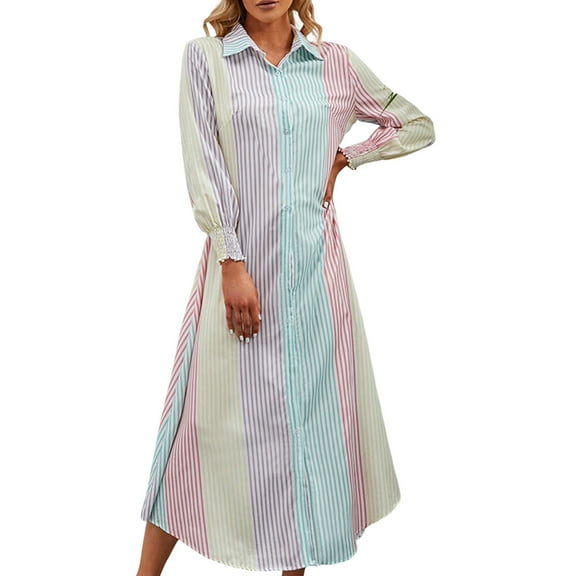 Henpk Summer Dresses for Women Striped T Shirt Dress Casual Midi Dress Short Sleeve Sundress with Pockets Fashion Striped Shirt Long Skirt Lapel Long Sleeve V-Neck Dress Multi-color XXL
