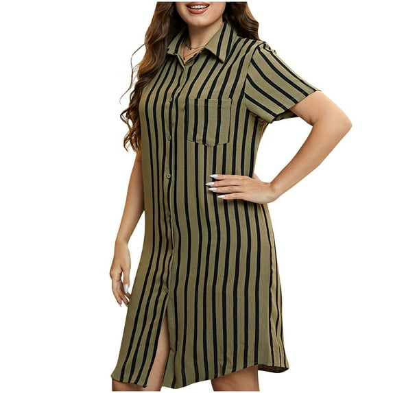 Henpk Summer Dresses for Women Striped T Shirt Dress Casual Midi Dress Short Sleeve Sundress with Pockets Fashion Striped V-Neck Short Sleeve Dress Skirt Green XL