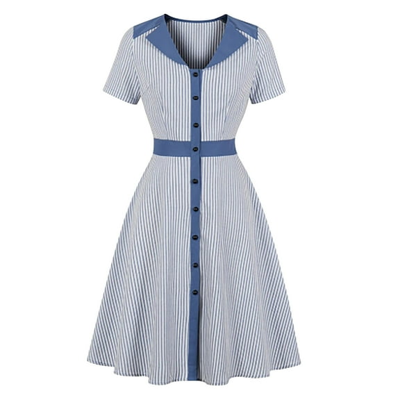 Henpk Summer Dresses for Women Striped T Shirt Dress Casual Midi Dress Short Sleeve Sundress with Pockets Fashion Summer V-Neck Solid Short Sleeve Dress Casual Mini Dress Blue L