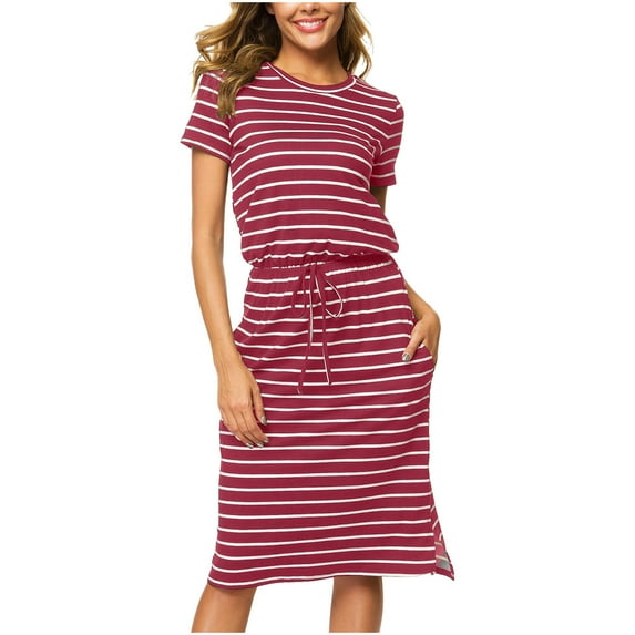Henpk Summer Dresses for Women Striped T Shirt Dress Casual Midi Dress Short Sleeve Sundress with Pockets Summer Fashion Striped V-Neck Striped Waist Sexy Sling Dress Red M