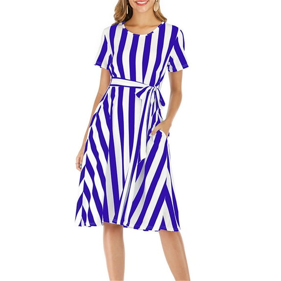 Henpk Summer Dresses for Women Striped T Shirt Dress Casual Midi Dress Short Sleeve Sundress with Pockets Short Sleeve Casual With Pockets Summer Stripe Dress Blue M