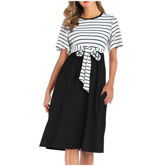 Henpk Summer Dresses for Women Striped T Shirt Dress Casual Midi Dress Short Sleeve Sundress with Pockets Short-Sleeved Striped Stitching Dress For Pregnant Black M