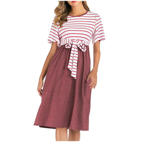 Henpk Summer Dresses for Women Striped T Shirt Dress Casual Midi Dress Short Sleeve Sundress with Pockets Short-Sleeved Striped Stitching Dress For Pregnant Red L