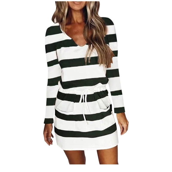Henpk Summer Dresses for Women Striped T Shirt Dress Casual Midi Dress Short Sleeve Sundress with Pockets Summer Casual Long Sleeve V-Neck Stripe Elastic Waist Lace Loose Dress Black M