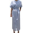 thumbnail image 1 of Henpk Summer Dresses for Women Striped T Shirt Dress Casual Midi Dress Short Sleeve Sundress with Pockets Summer Cotton Blue Striped Bandage Split Long Dress Long Dress Blue XXL, 1 of 9