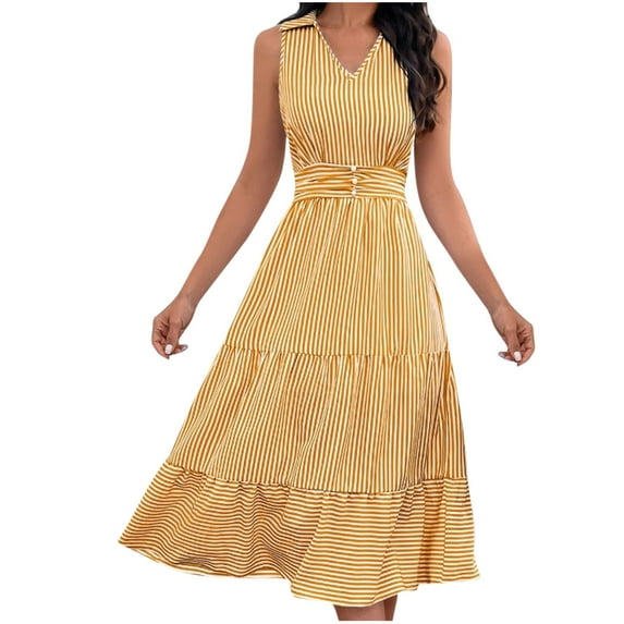 Henpk Summer Dresses for Women Striped T Shirt Dress Casual Midi Dress Short Sleeve Sundress with Pockets Summer Fashion Striped V-Neck Striped Waist Sexy Sling Dress Yellow XL