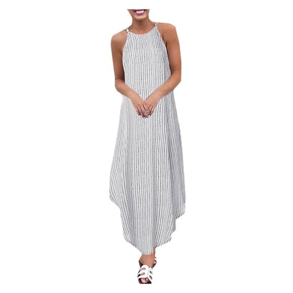Henpk Summer Dresses for Women Striped T Shirt Dress Casual Midi Dress Short Sleeve Sundress with Pockets Summer Striped Asymmetric Sundress Strap Long Bohemian Dress White M