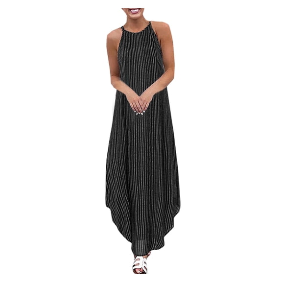 Henpk Summer Dresses for Women Striped T Shirt Dress Casual Midi Dress Short Sleeve Sundress with Pockets Summer Striped Asymmetric Sundress Strap Long Bohemian Dress Black L
