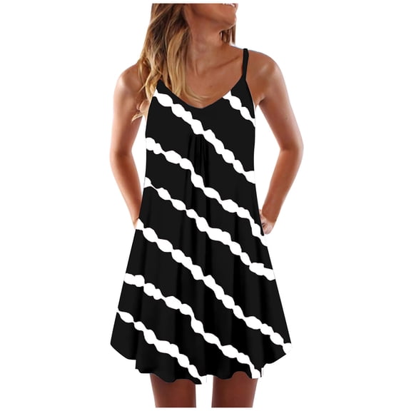 Henpk Summer Dresses for Women Striped T Shirt Dress Casual Midi Dress Short Sleeve Sundress with Pockets Summer Striped Tie-Dye Print Sleeveless Dress V Neck A-Line Mini Sundress Black XXL