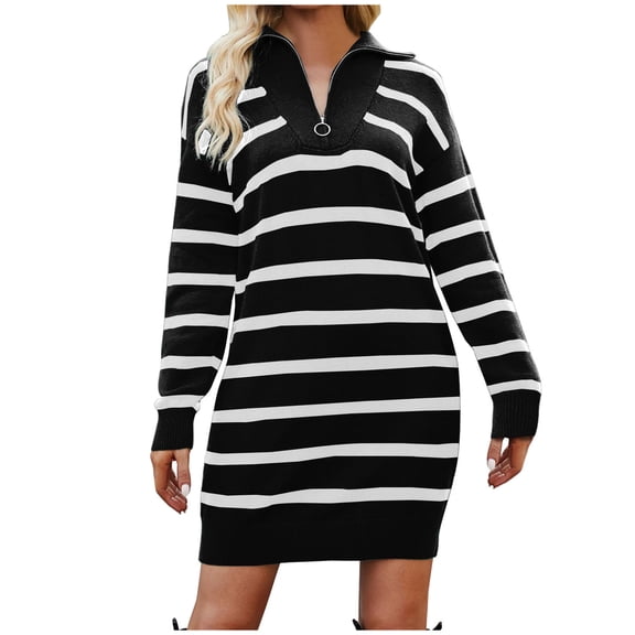 Henpk Summer Dresses for Women Striped T Shirt Dress Casual Midi Dress Short Sleeve Sundress with Pockets Fashion Contrast Stripe Long Sleeve V-Neck Dress Black L
