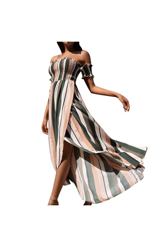 Summer Dresses for Women Striped T Shirt Dress Casual Midi Dress Short Sleeve Sundress with Pockets Fashion Casual Pullover Stripe Printed Off Shoulder Tube Top Temperament Commute Dres Green M