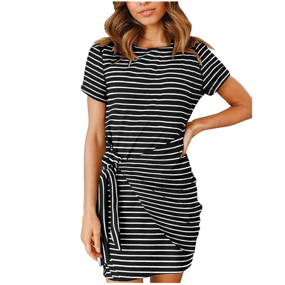 Henpk Summer Dresses for Women Striped T Shirt Dress Casual Midi Dress Short Sleeve Sundress with Pockets Casual Fashion Short Sleeve Dress Summer Stripe Printing Dress Black XL