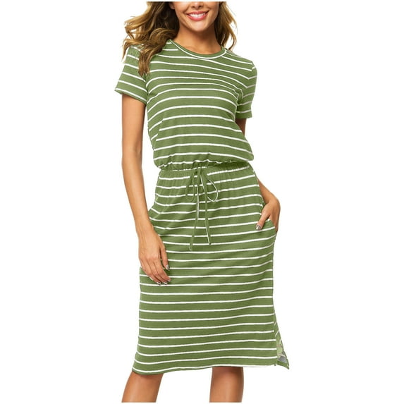 Henpk Summer Dresses for Women Striped T Shirt Dress Casual Midi Dress Short Sleeve Sundress with Pockets Summer Fashion Striped V-Neck Striped Waist Sexy Sling Dress Green L