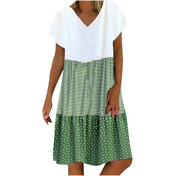 Henpk Summer Dresses for Women Striped T Shirt Dress Casual Midi Dress Short Sleeve Sundress with Pockets Summer Fashion Striped V-Neck Striped Waist Sexy Sling Dress Green XL