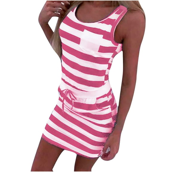 Henpk Summer Dresses for Women Striped T Shirt Dress Casual Midi Dress Short Sleeve Sundress with Pockets Casual Sleeveless Bandage Stripe Printing Loose Vest Sling Dress Pink XXL
