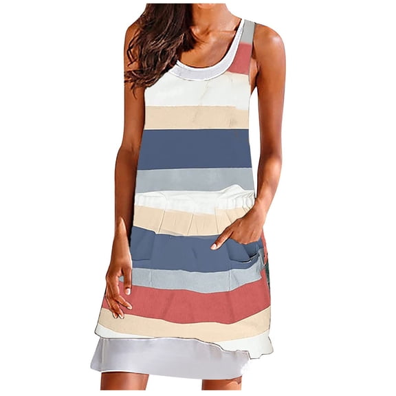Henpk Summer Dresses for Women Striped T Shirt Dress Casual Midi Dress Short Sleeve Sundress with Pockets Summer Casual Sleeveless Round Neck Printed ​Tank Dresses White XL