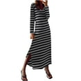 thumbnail image 1 of Henpk Summer Dresses for Women Striped T Shirt Dress Casual Midi Dress Short Sleeve Sundress with Pockets V Neck Slit Striped Long Sleeved Dress Long Skirt Gray L, 1 of 5